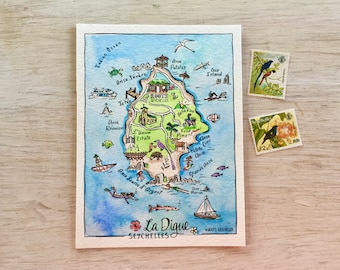 Illustrated Hand Painted Watercolor Postcard | La Digue | Seychelles