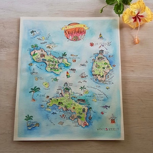 Illustrierte Handgemalte Aquarell Karte der Seychellen | 3 Hauptinseln