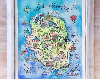 Extra Large Watercolor Illustrated Map of Reunion Island France