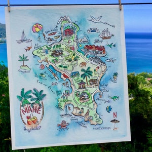 Illustrated Hand Painted Watercolor Map of Seychelles Mahe image 2