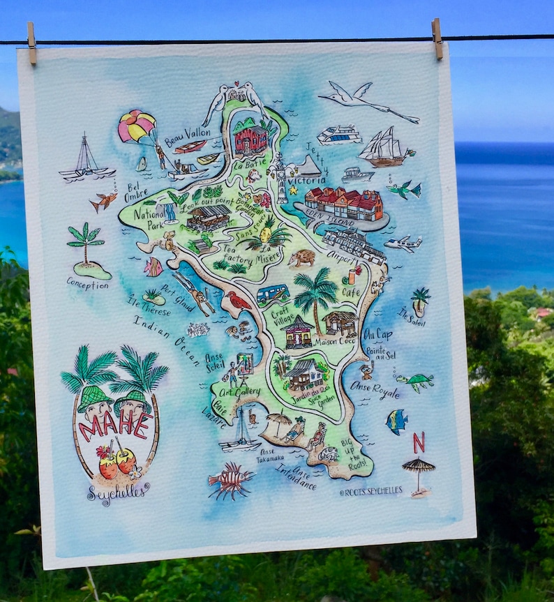 Illustrated Hand Painted Watercolor Map of Seychelles Mahe image 2