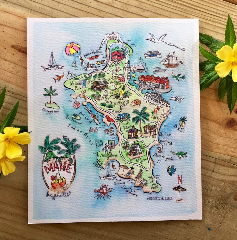 Illustrated Hand Painted Watercolor Map of Seychelles Mahe image 1