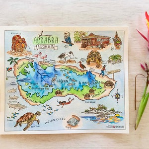 Geïllustreerde handgeschilderde aquarelkaart van de Seychellen | Aldabra
