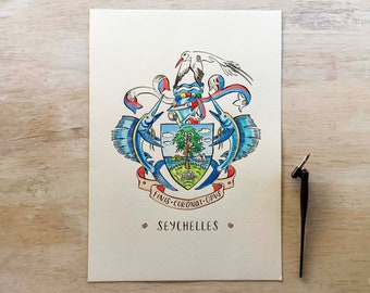 Seychelles Coat of Arms | Illustrated Hand Painted Watercolor