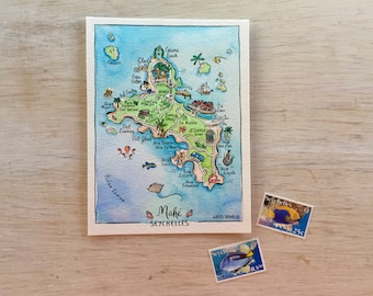 Illustrated Hand Painted Watercolor Map Postcard | Mahe | Seychelles