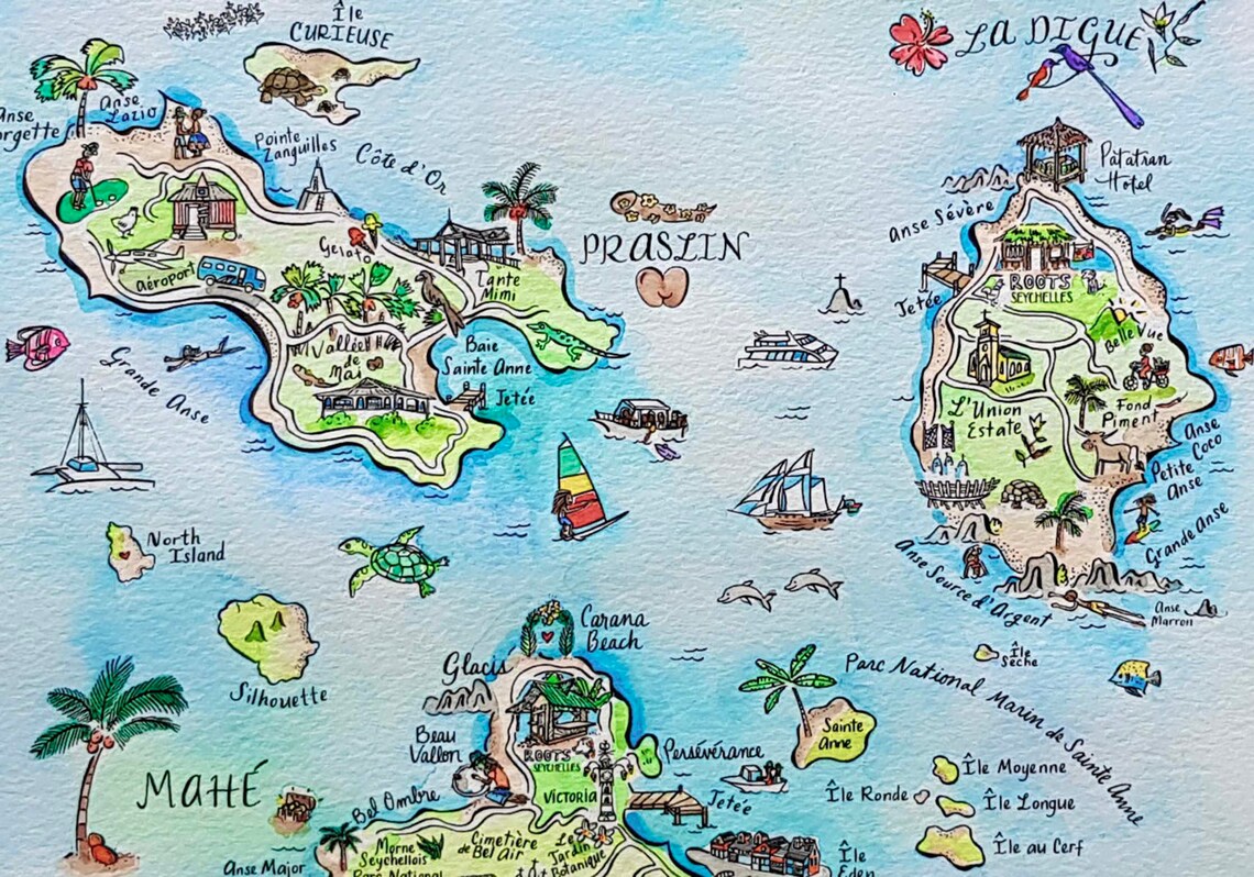 Illustrated Hand Painted Watercolor Map of Seychelles 3 | Etsy