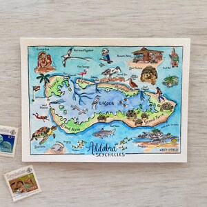 Postal ilustrada con mapa en acuarela pintado a mano del atolón de Aldabra, Seychelles