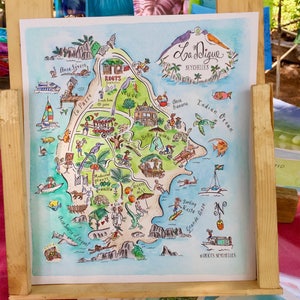 Mapa ilustrado de Seychelles / La Digue (pintado a mano en acuarela)