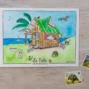 Geïllustreerd handgeschilderd origineel aquarel briefkaart | Creoolse architectuur | Seychellen