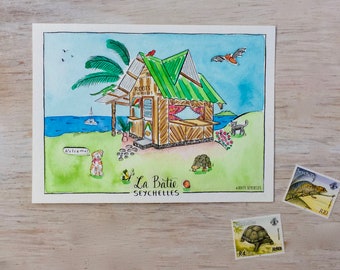 Illustrated Hand Painted Original Watercolor Postcard | Creole Architecture | Seychelles