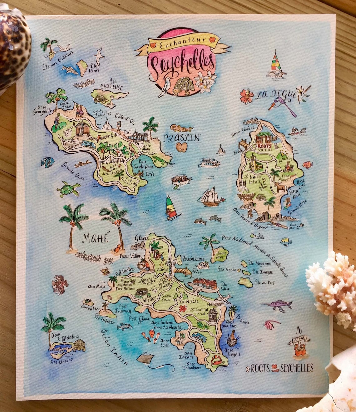 Illustrated Hand Painted Watercolor Map of Seychelles 3 | Etsy