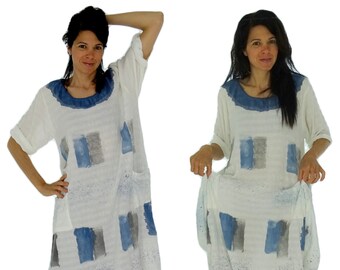HK300BL Dress Tunic cream/blue balloon dress Batik Print one Size-Gr. 40-44