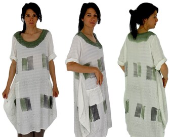 HK300GN Dress Tunic cream/green balloon dress batik Print cotton one size-portable size 40-44