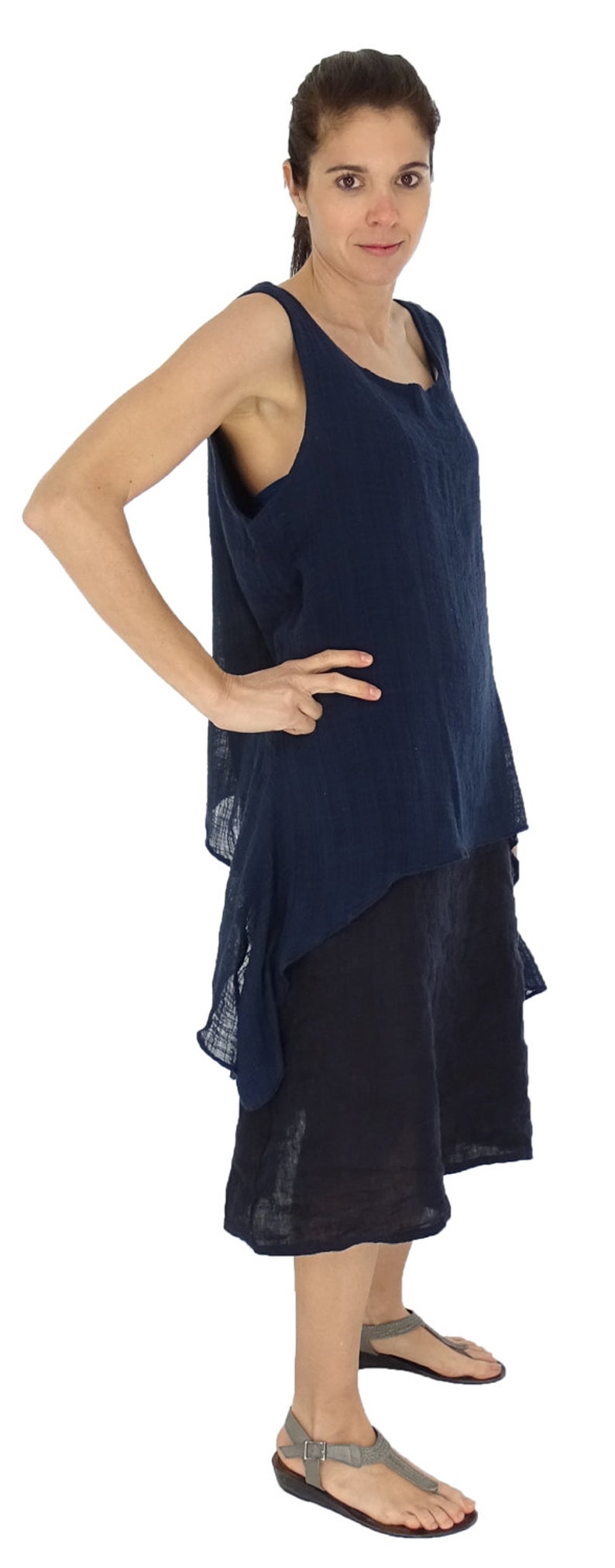 HW900DBL dress layered Look tunic size l linen material mix oversize 40 42 44 portable dark blue