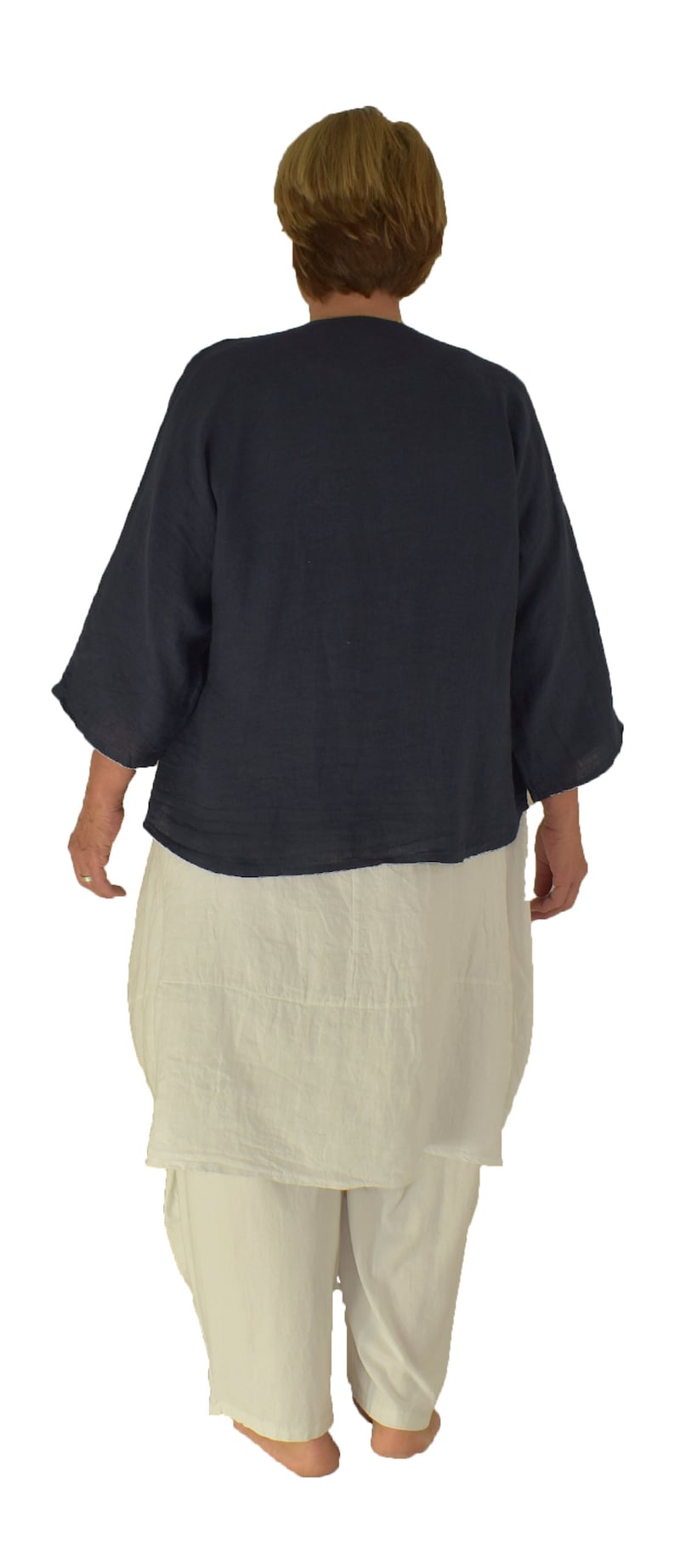LM600DBL Women/'s jacket linen blouse short jacket one size castily cut layers look dark blue