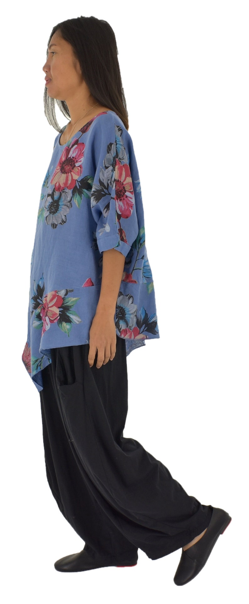 LE200MBL Women/'s Tunic Layer look boxy cut linen floral size 40-46 blue