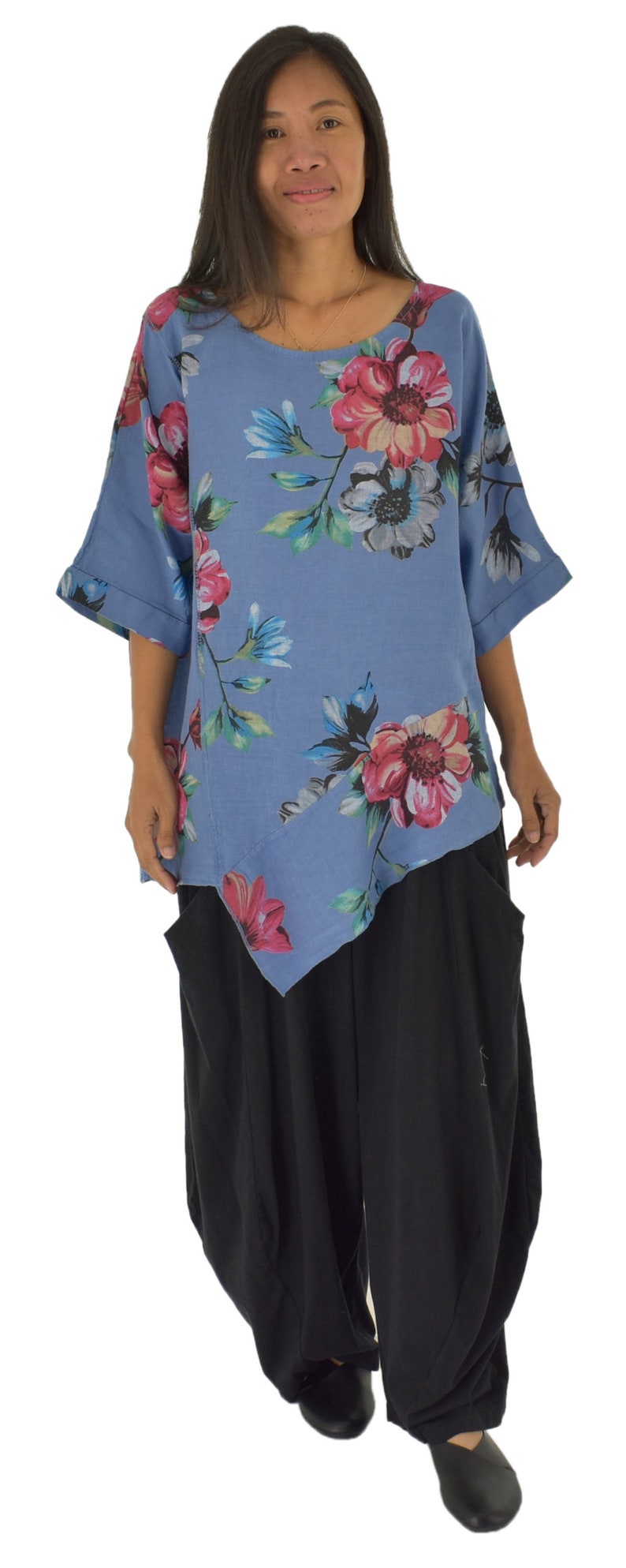 LE200MBL Women/'s Tunic Layer look boxy cut linen floral size 40-46 blue