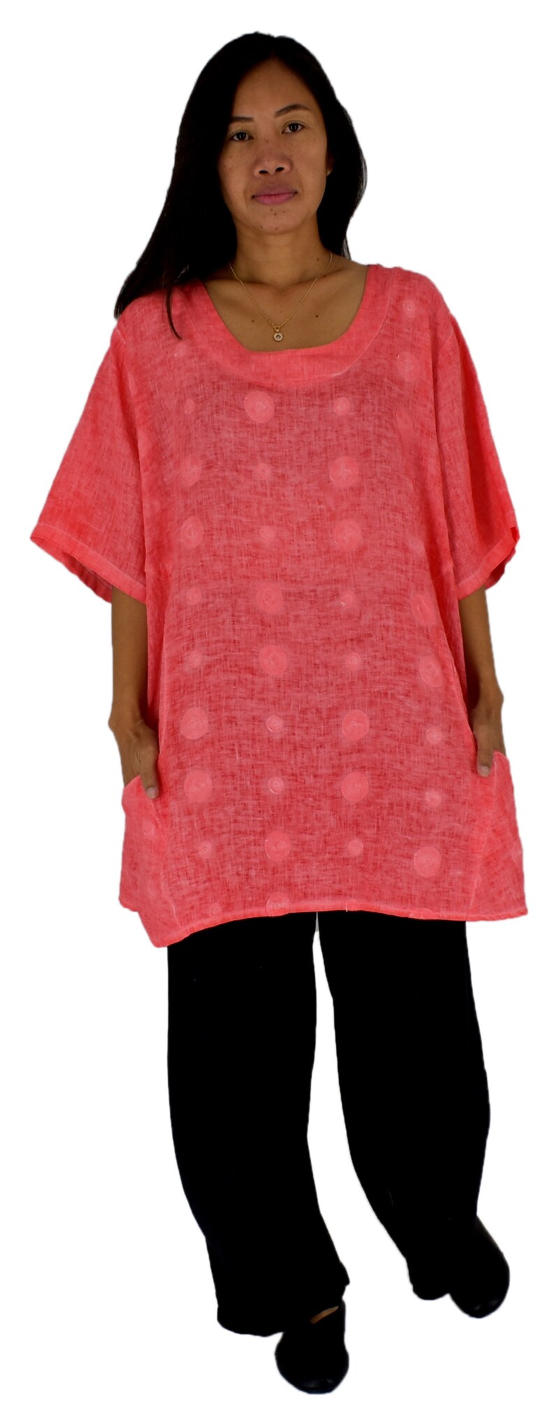 46 48 50 Portable Coral LA800KO women/'s tunic blouse linen vintage embroidery gr