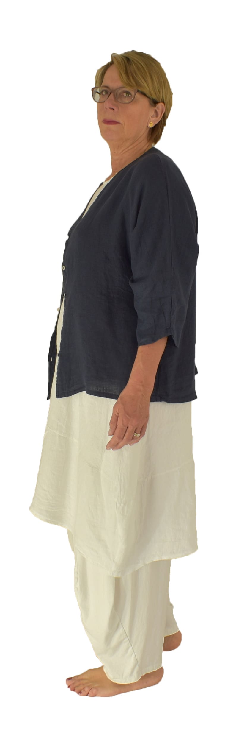LM600DBL Women/'s jacket linen blouse short jacket one size castily cut layers look dark blue
