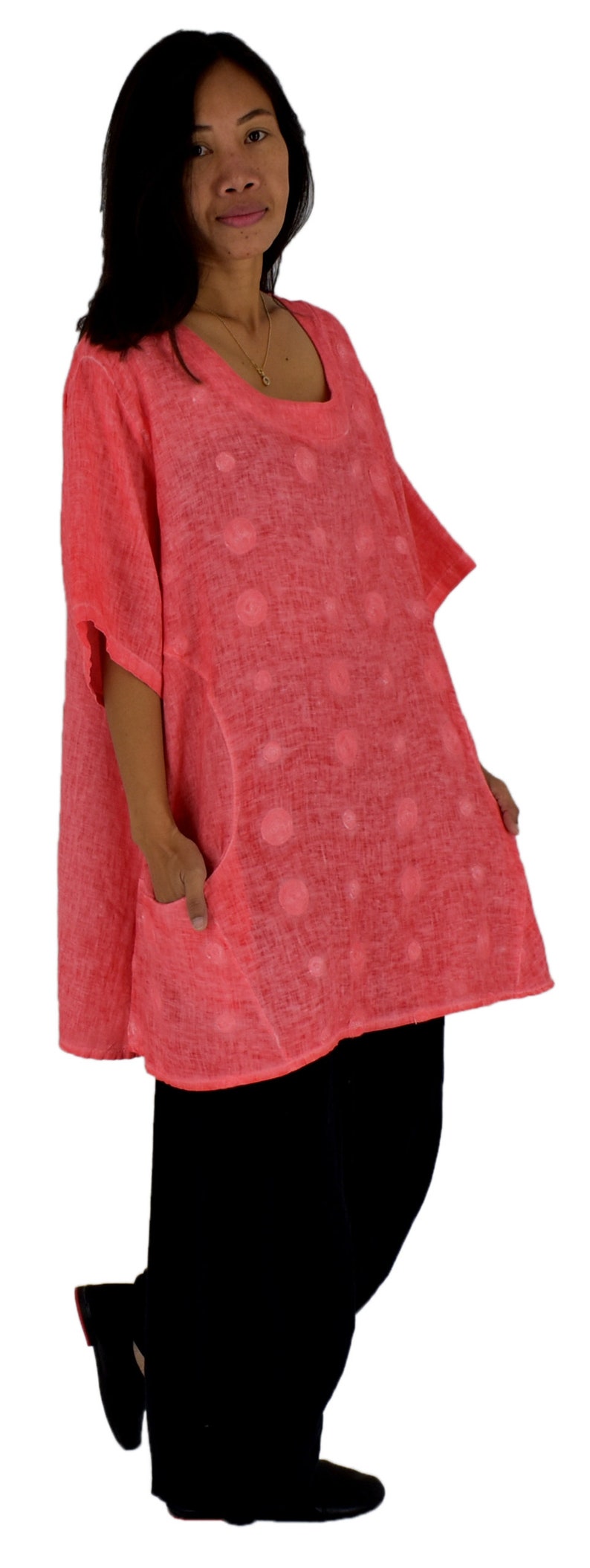 46 48 50 Portable Coral LA800KO women/'s tunic blouse linen vintage embroidery gr