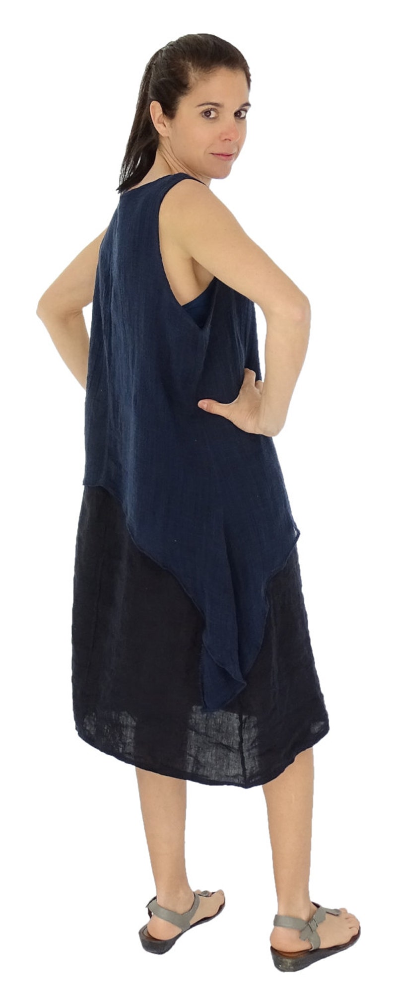 HW900DBL dress layered Look tunic size l linen material mix oversize 40 42 44 portable dark blue