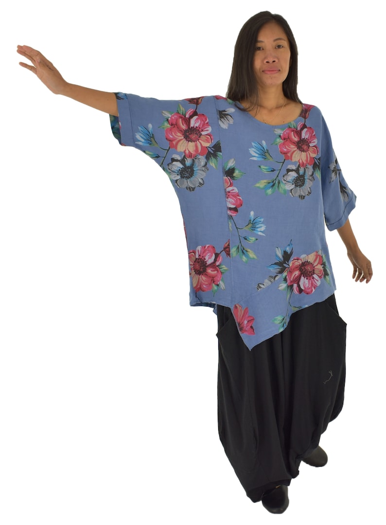 LE200MBL Women/'s Tunic Layer look boxy cut linen floral size 40-46 blue