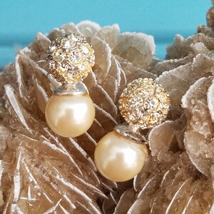 Vintage 50s Sterling Silver Small  Dainty Faux Pearl Rhinestones Stud Earrings