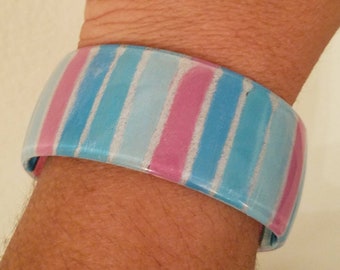 Vintage Handpainted Acrylic Pink Aqua Blue Stripe Bangle Bracelet