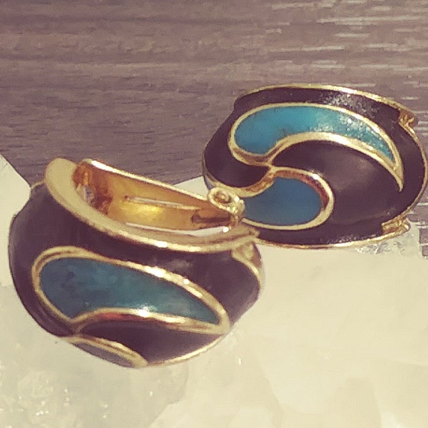Vintage Orena Paris French Goldtone Metal Black Aqua Swirl Enamel Half Hoop Earrings