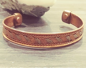 Vintage Unisex Rope Design Genuine Copper And Silver Cuff Bracelet For Wrist Sizes Between 7 1/2 - 8 Inch Wrist