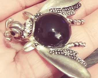 Beautiful Vintage Silvertone Metal Big Black Crystal Bee Pendant