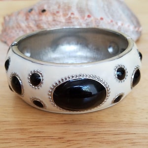 Beautiful Vintage Silvertone Metal Black And Off White Cream Color Polka Dots Enamel Clamper Bangle Bracelet image 1