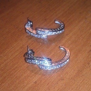 Beautiful Vintage Sterling Silver Clear Cubic Zirconia Half Hoop Earrings