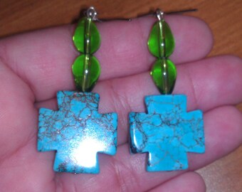 Green Glass And Turquoise Cross Earrings