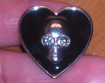 Big Silvertone Metal Heart Shaped Black Enamel Adjustable Skull Ring