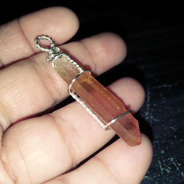 Silverplated Wirewrapped Tangerine Quartz Point Pendant