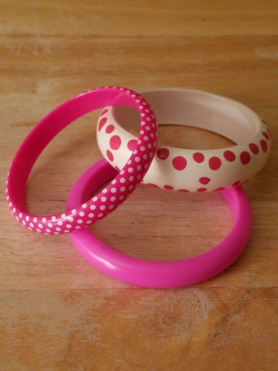 Vintage 70s Set Of 3 Acrylic Pink White Polka Dot… - image 2