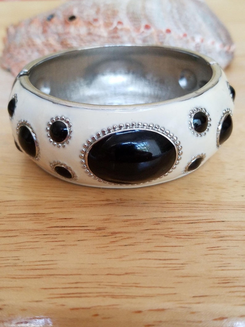 Beautiful Vintage Silvertone Metal Black And Off White Cream Color Polka Dots Enamel Clamper Bangle Bracelet image 1