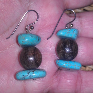 Vintage Sterling Silver Wood And Genuine Turquoise Dangle Earrings