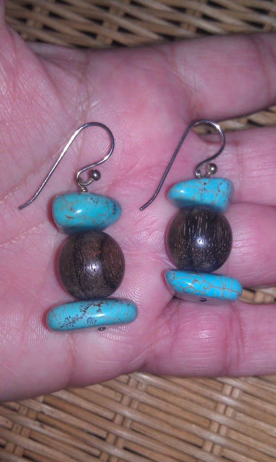 Vintage Wood And Genuine Turquoise Earrings