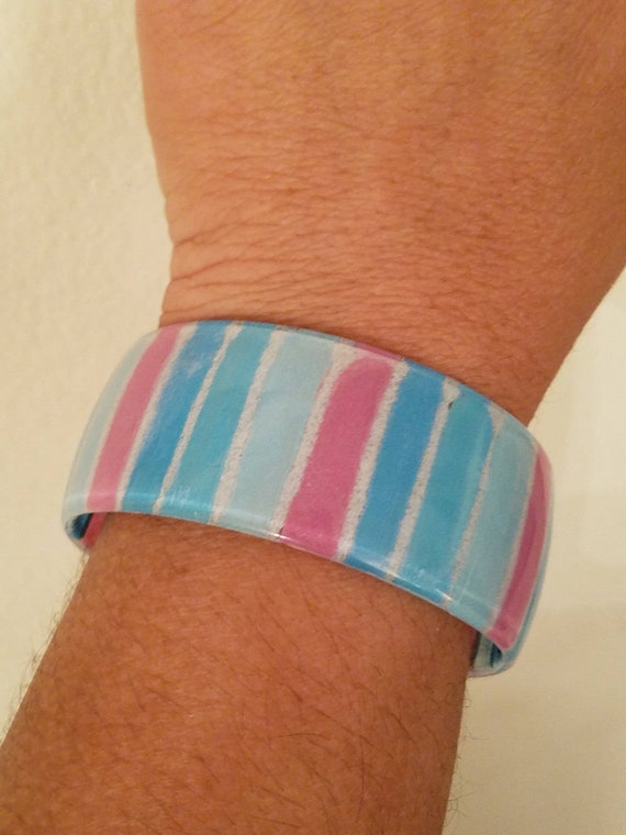 Vintage Handpainted Acrylic Pink Aqua Blue Stripe 