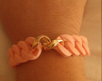 Upcycled Pink Rubber Link Goldtone Metal Bracelet