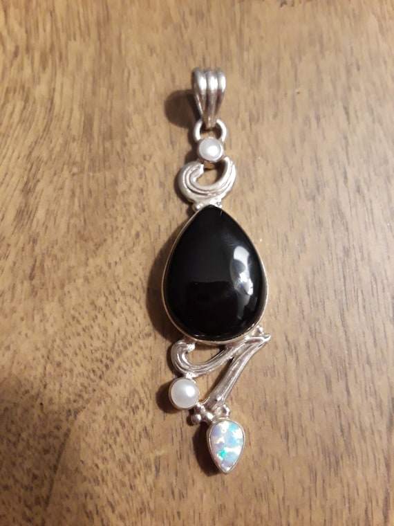 Gorgeous Vintage Sterling Silver Black Onyx Opal F