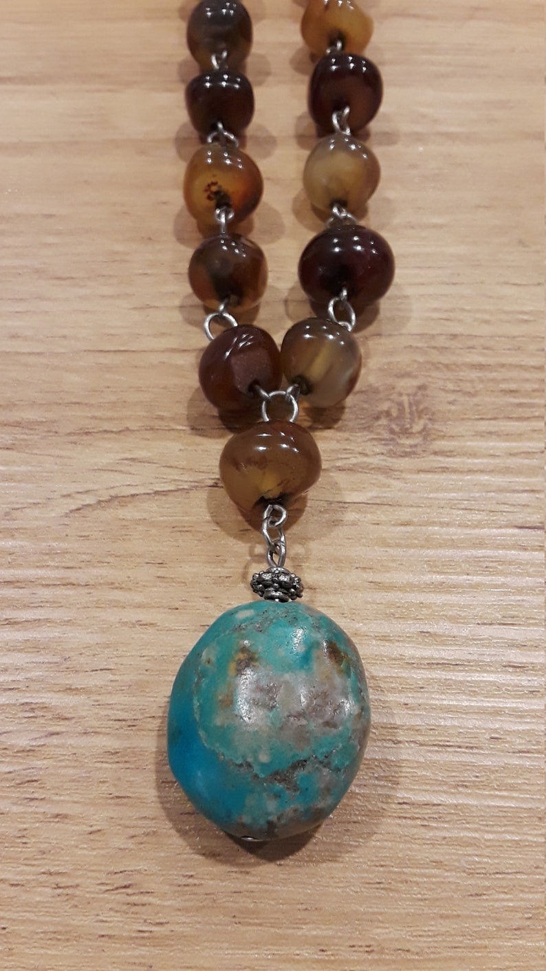 Collier Vintage Turquoise Et Cornaline - Style Années 80 - Pendentif Fleur