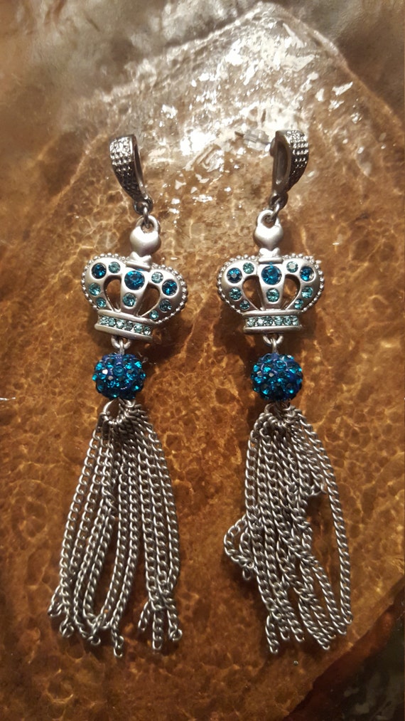Handmade Aqua Crown Rhinestone Tassel Earrings