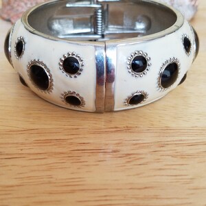 Beautiful Vintage Silvertone Metal Black And Off White Cream Color Polka Dots Enamel Clamper Bangle Bracelet image 2