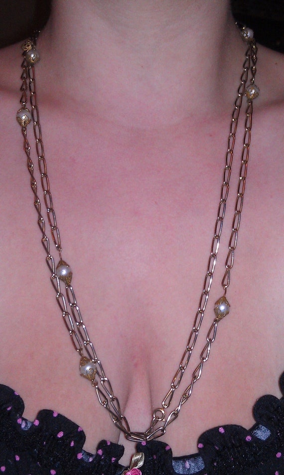 Vintage Long Silvertone Faux Pearl Necklace - image 2