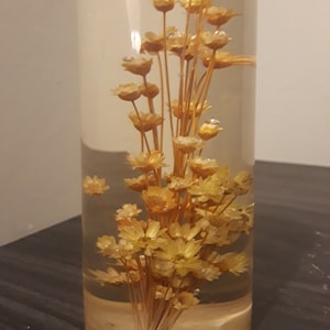 Gorgeous Vintage Yellow Flowers Encased In Clear Lucite Paperweight