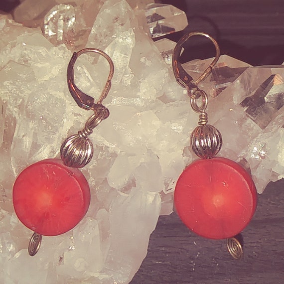 Vintage Sterling Silver Round Red Coral Dangle Ea… - image 2