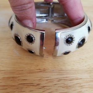 Beautiful Vintage Silvertone Metal Black And Off White Cream Color Polka Dots Enamel Clamper Bangle Bracelet image 4